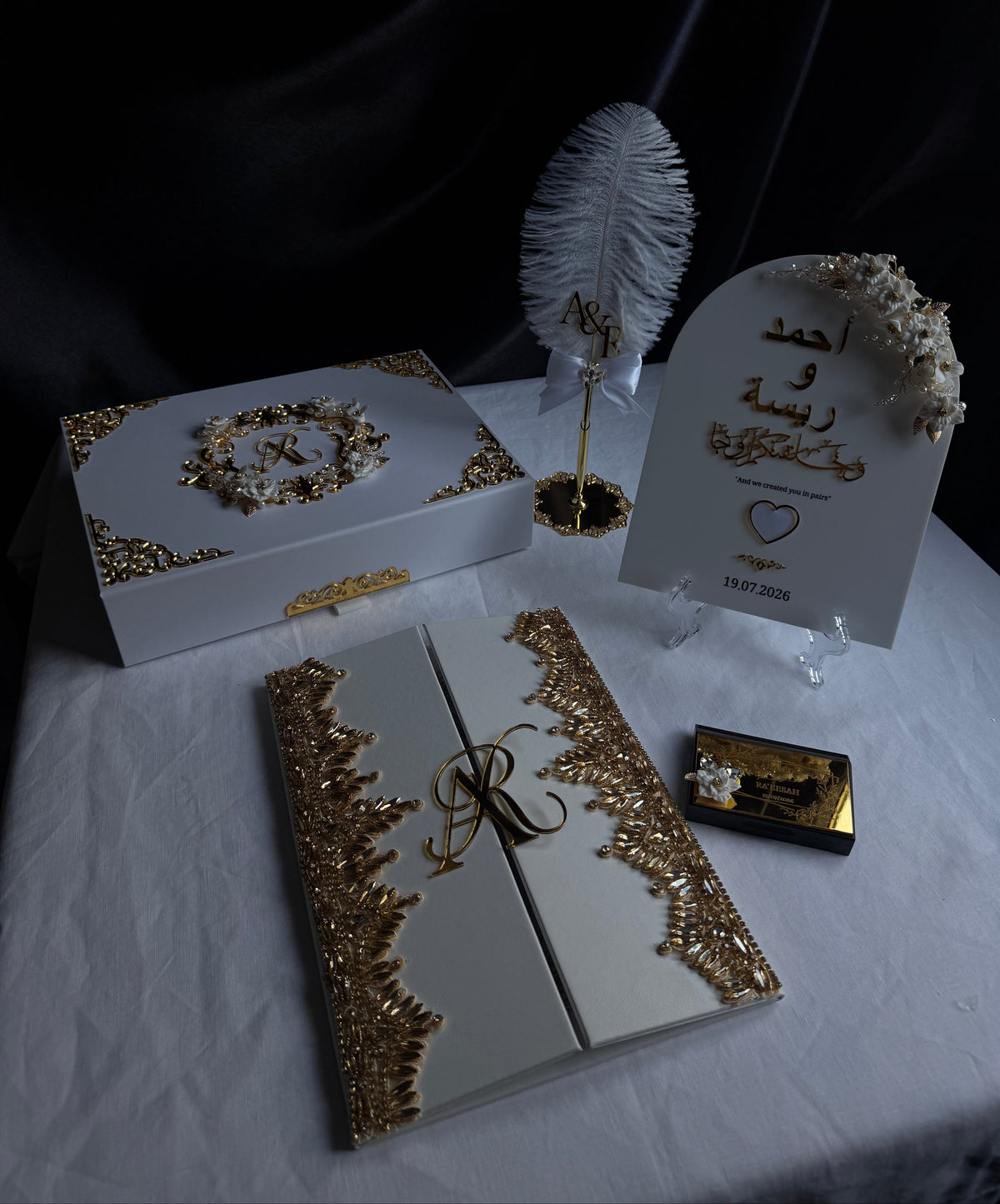 A4 Nikkah bundle box - wedding folder - thumb plaque - rhinestones - feather pen