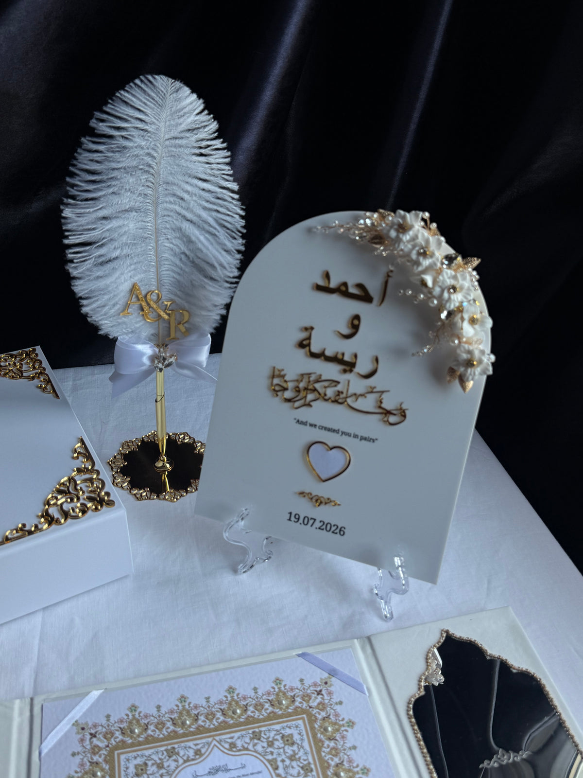 A4 Nikkah bundle box - wedding folder - thumb plaque - rhinestones - feather pen