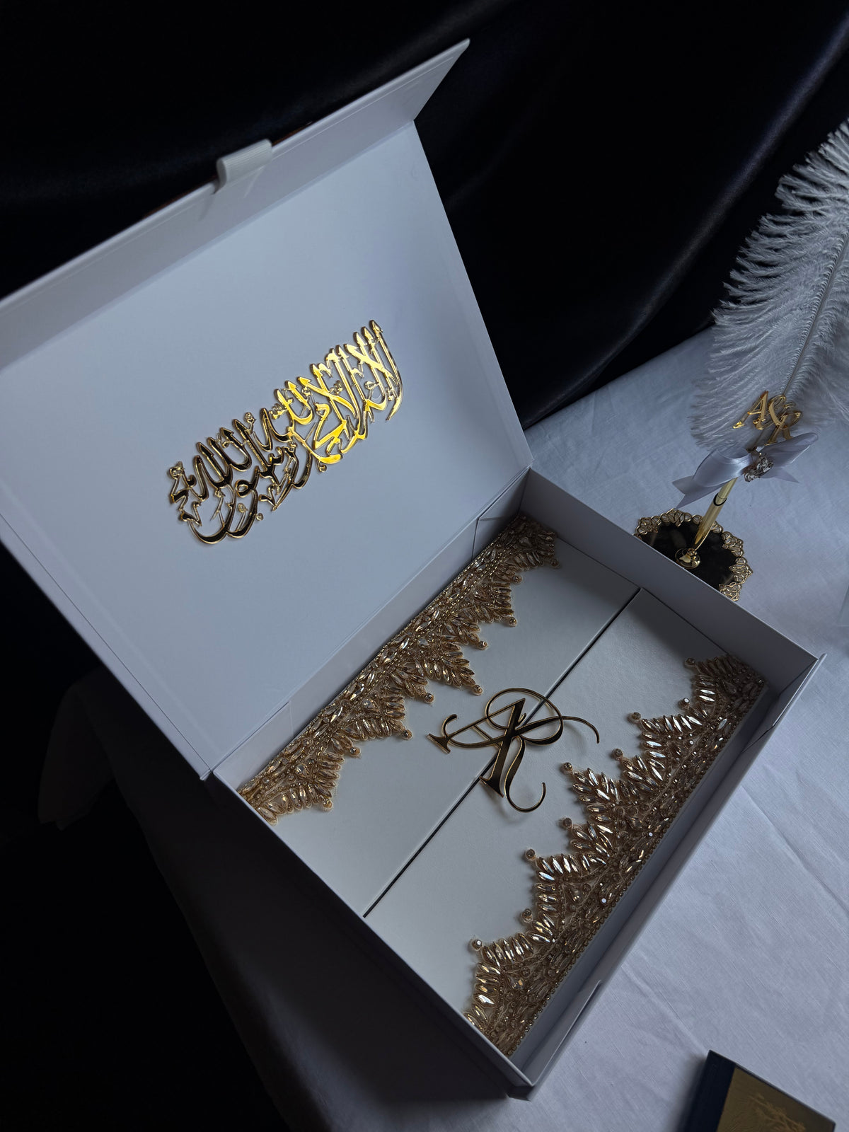 A4 Nikkah bundle box - wedding folder - thumb plaque - rhinestones - feather pen