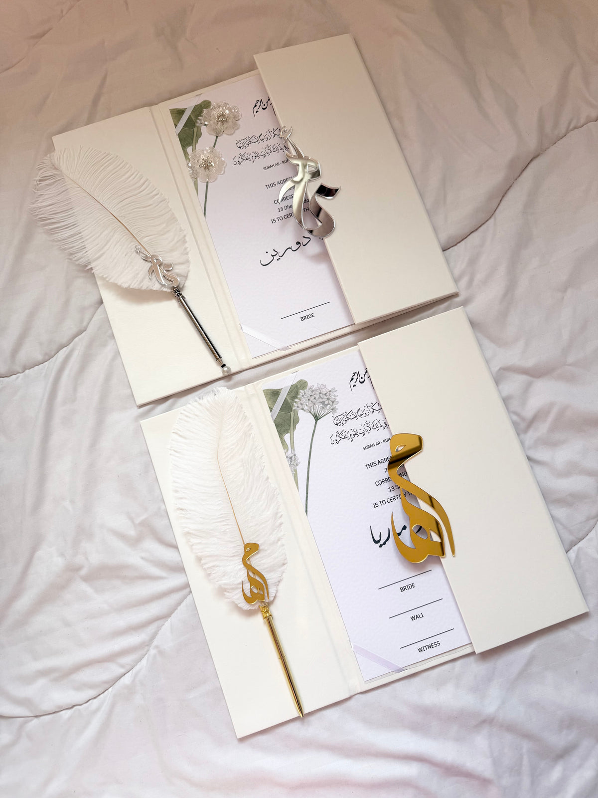 A4 Nikkah Certificate ~ Feather Pen ~ Certificate folder ~ White Hammered Card ~ nikkah booklet