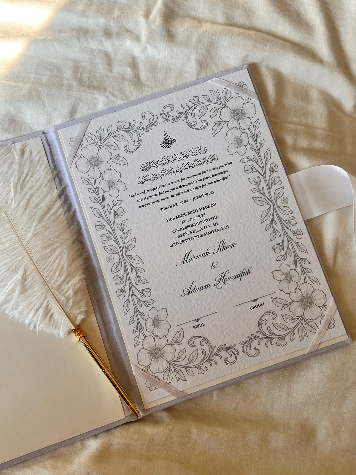A4 nikkah certificate - feather pen - folder - wedding certificate