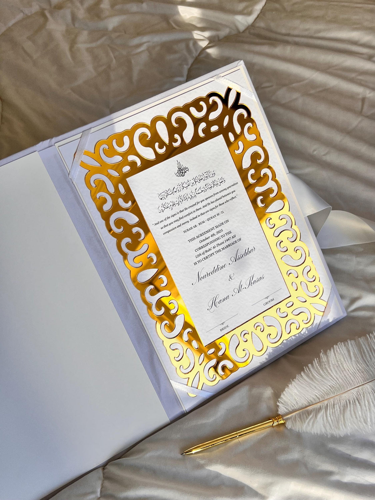 A4 Nikkah Certificate ~ Feather Pen ~ Certificate folder ~ White Hammered Card ~ nikkah booklet