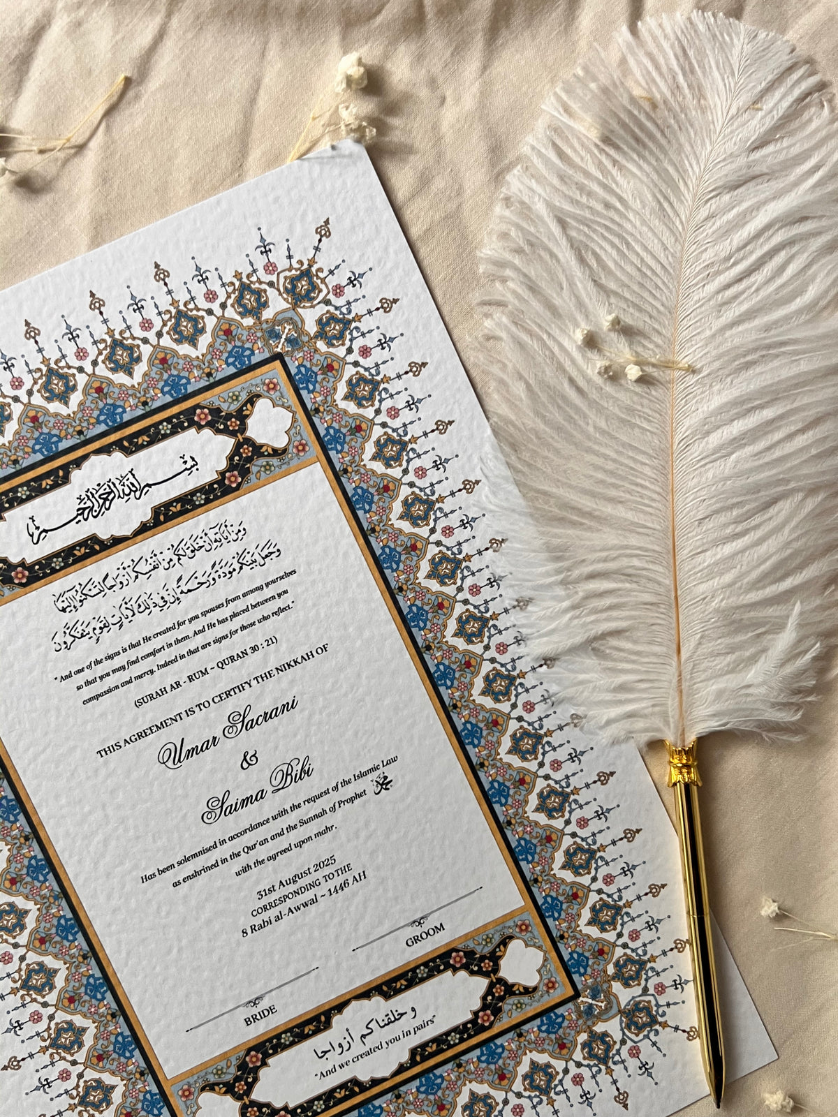 A4/A3 nikkah certificate - feather pen - folder - wedding certificate