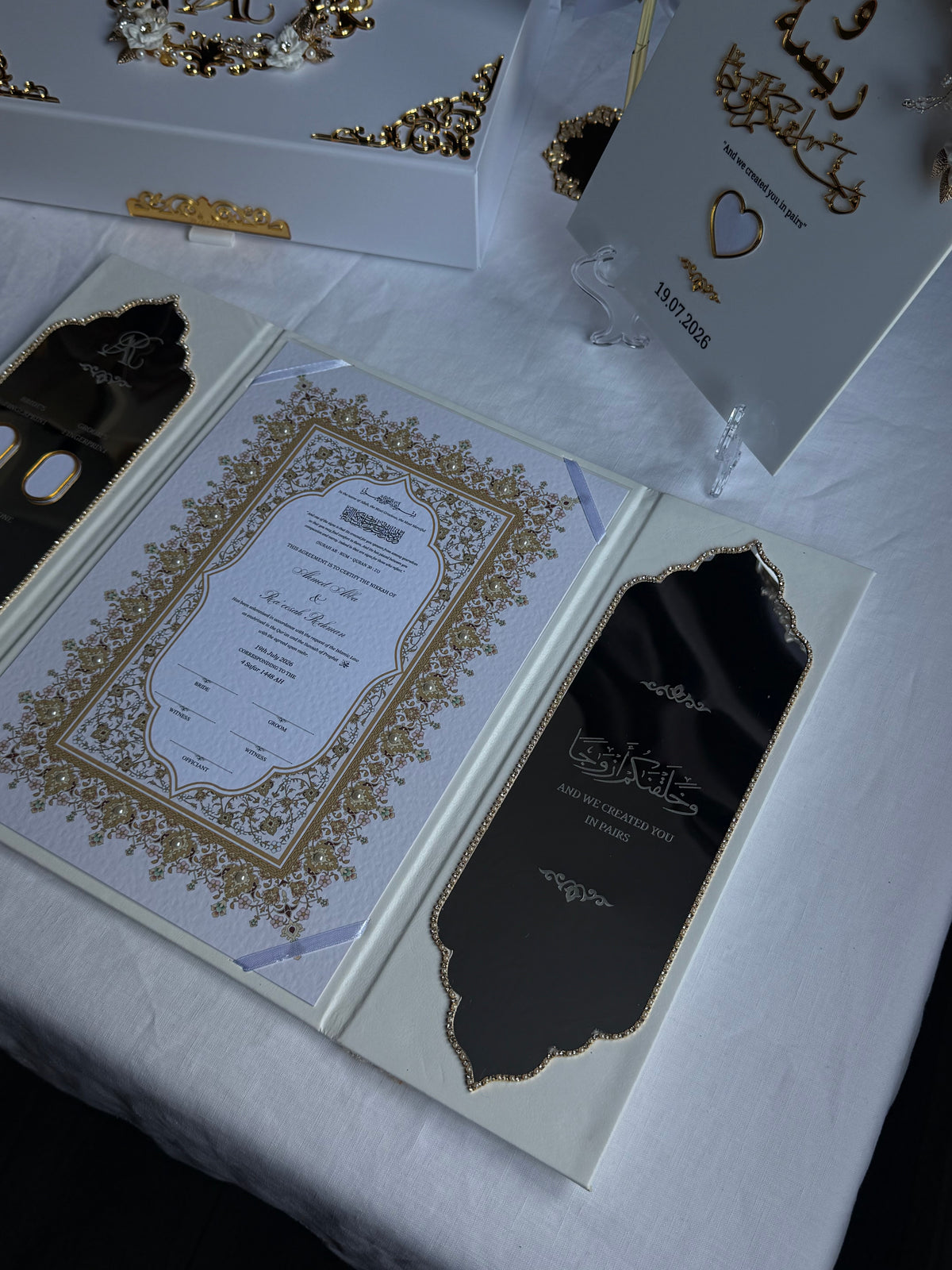 A4 Nikkah bundle box - wedding folder - thumb plaque - rhinestones - feather pen