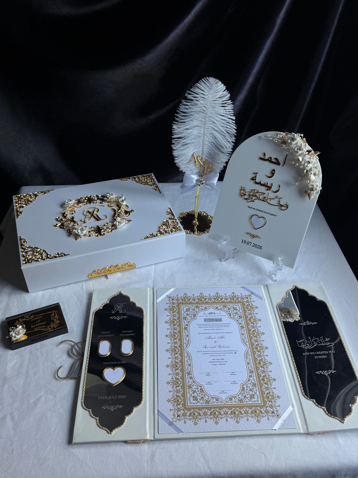 A4 Nikkah bundle box - wedding folder - thumb plaque - rhinestones - feather pen