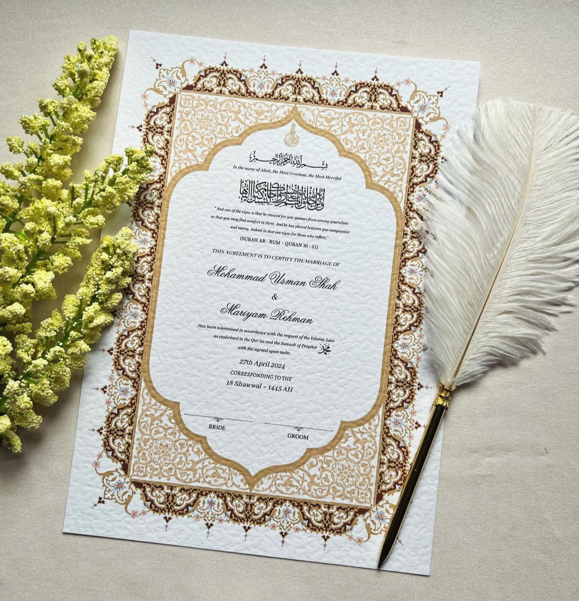 A4/A3 nikkah certificate - feather pen - folder - wedding certificate