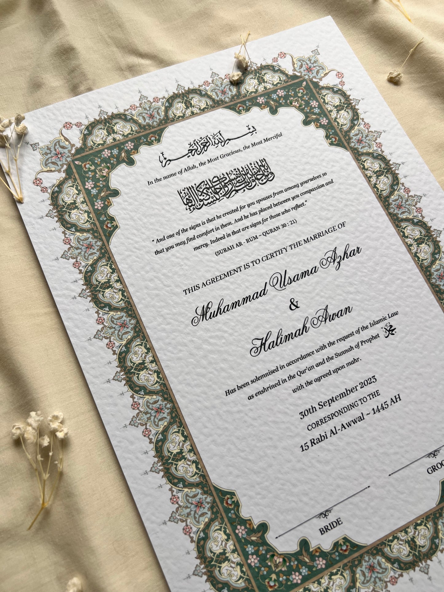 A4/A3 nikkah certificate - feather pen - folder - wedding certificate