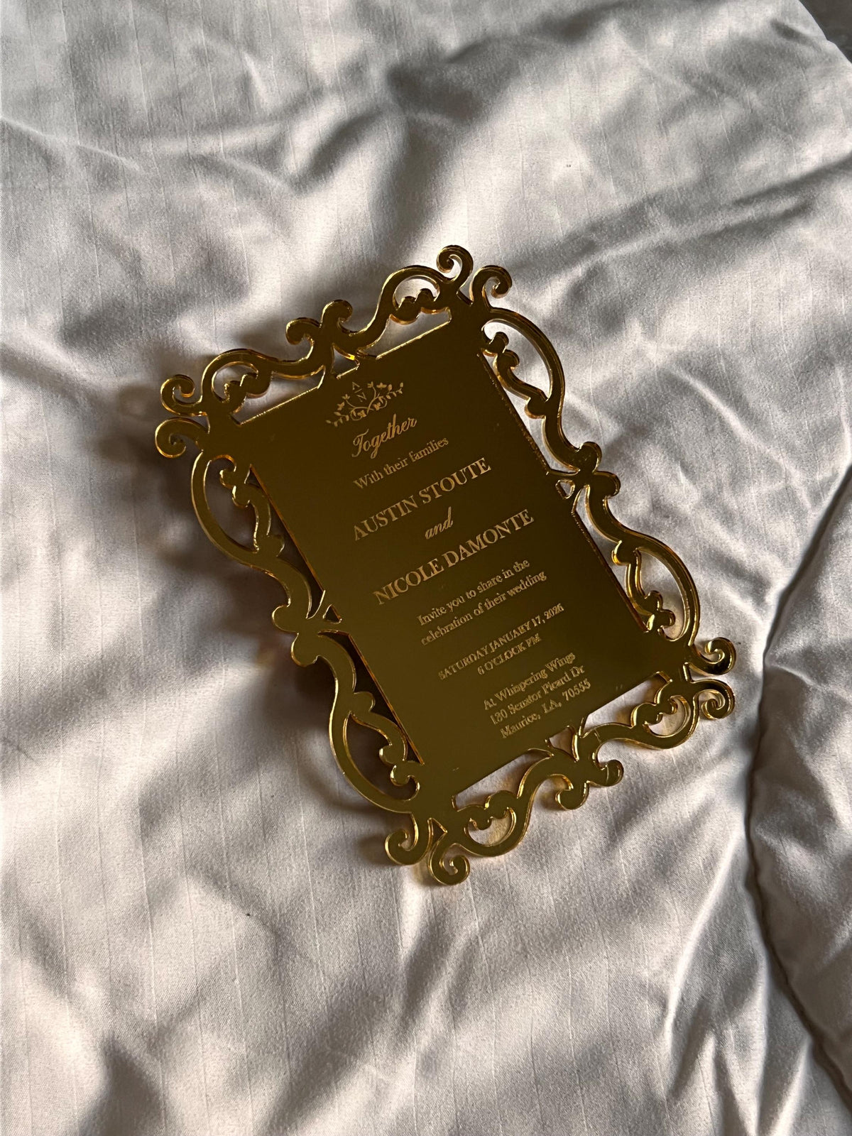Luxury acrylic wedding invitation - plexiglass - engraved acrylic - gold mirror - monogram frame - birthday, anniversary, christening, nikah