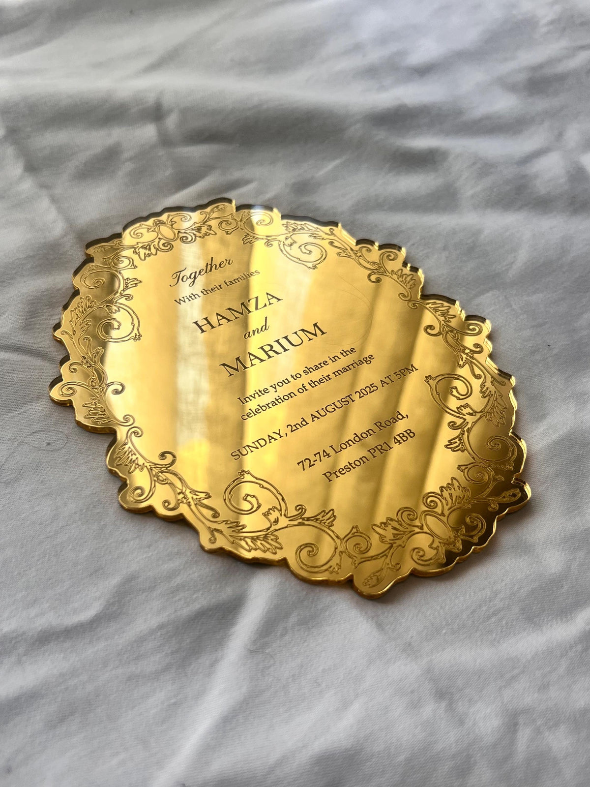 Luxury acrylic wedding invitation - plexiglass - engraved acrylic - gold mirror - monogram frame - birthday, anniversary, christening, nikah
