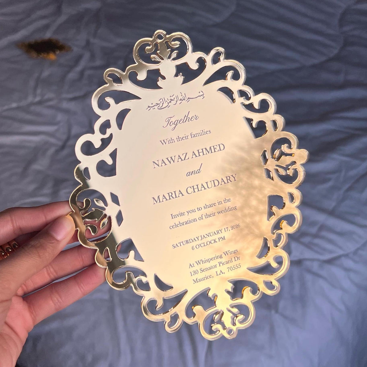 Luxury acrylic wedding invitation - plexiglass - engraved acrylic - gold mirror - monogram frame - birthday, anniversary, christening, nikah