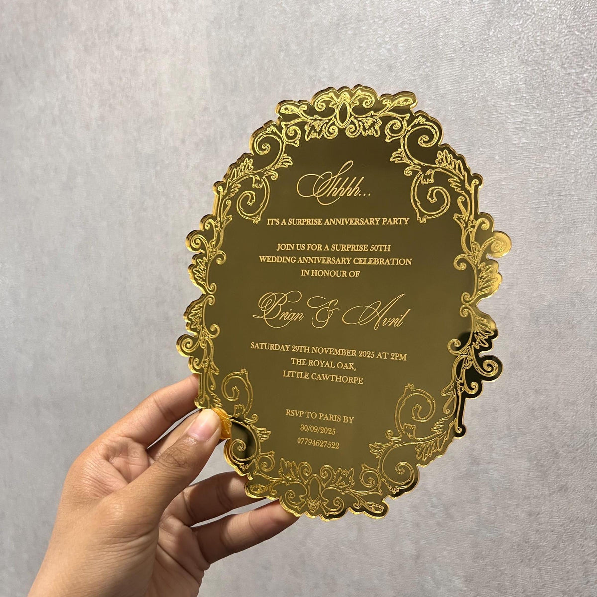 Luxury acrylic wedding invitation - plexiglass - engraved acrylic - gold mirror - monogram frame - birthday, anniversary, christening, nikah